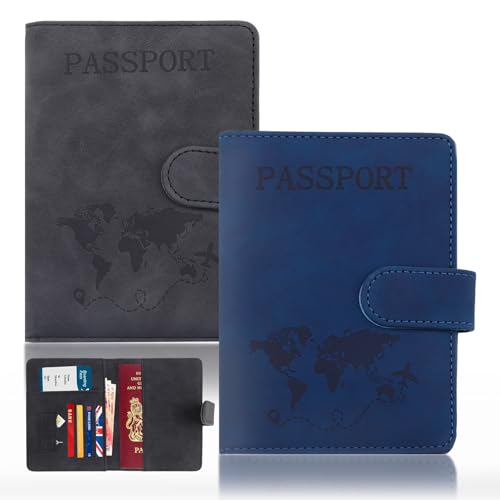 AmiCera Reisepasshülle, Schnallenverschluss RFID Reisepasshülle 2er Set, Reisebrieftasche Organizer PU Leder, Reisepasshülle Dokumentenhalter für Männer Frauen Familie Geschenke Wesentliche von AmiCera