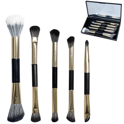 Kabuki-Make-up-Pinsel-Set, doppelseitig, für Foundation, Nase, Gesicht, Kontur, Augenbrauen, Eyeliner, Mischpinsel, Reise-Make-up-Set mit tragbarem, kompaktem Spiegeletui, 5 Stück, Gold von AmiCera