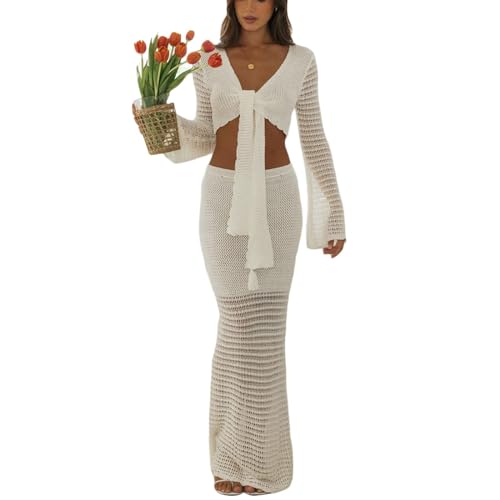 2-teiliges Häkelrock-Set für Damen, Sommer, bauchfreies Oberteil, figurbetont, hohe Taille, Maxirock-Set, Strandkleid, Bodycon Weiß, Mittel 2-teiliges Häkelrock-Set für Damen, Sommer, bauchfreies Oberteil, figurbetont, hohe Taille, Maxirock-Set, Strandkleid, Bodycon Weiß, Mittel von Amiblvowa