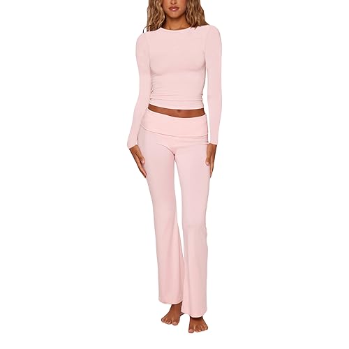 Amiblvowa Zweiteiliges Damen-Outfit, langärmelig, schulterfrei, bauchfreies Top mit niedriger Leibhöhe, ausgestellter Hose, Loungehose, Lounge Pink, Small von Amiblvowa