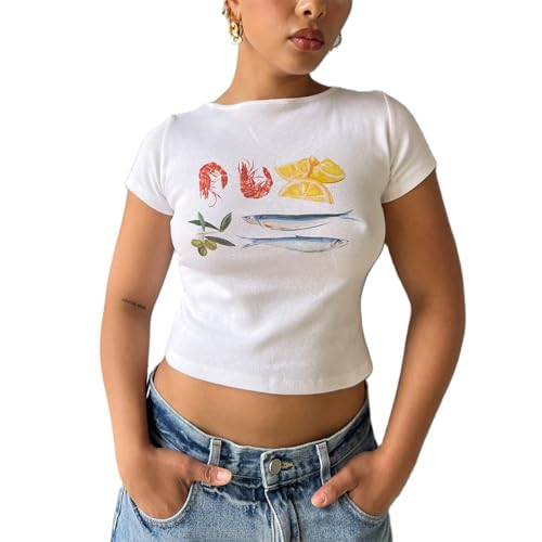 Baby-T-Shirts für Damen, Y2K-Grafik, bauchfreies Top, Teenager, Mädchen, ästhetisch, kurzärmelig, schmale Passform, süße Sommerkleidung, Fische und Garnelen, Klein von Amiblvowa