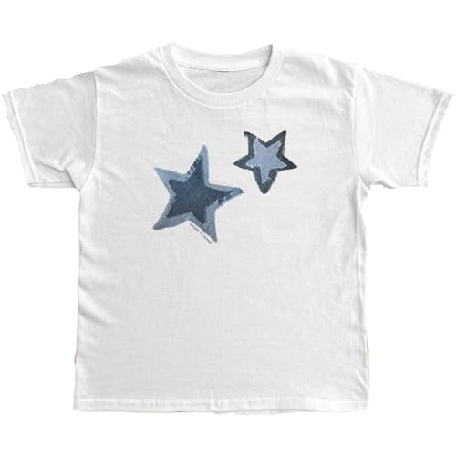 Damen Kurzarm Y2K Baby Tees E-Girls Cute Graphic Print Crop Tops Slim Fit T Shirts Retro Vintage Aesthetic, Stern, Mittel von Amiblvowa