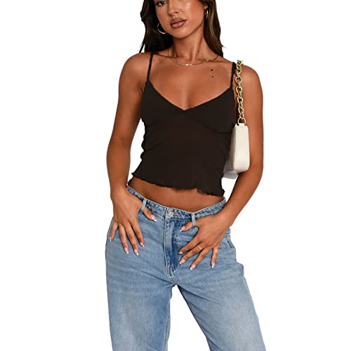 Y2k Sexy Cami Top Spaghettiträger Spitzenbesatz Durchsichtiges Mesh Durchsichtig Crop Tops Ausgehen Tank T-Shirt, Schwarzes gerüschtes Netzgewebe, Klein von Amiblvowa