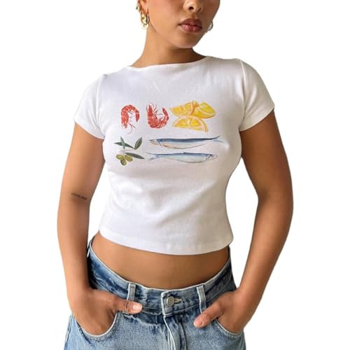 Y2k T-Shirt mit Schleifen-Druck, bauchfreies Top, Damen, Teenager, Mädchen, kurzärmelig, schmale Passform, Fee, Grunge, Sommer, ästhetisches Baby-T-Shirt, White Fruit-1, Groß von Amiblvowa