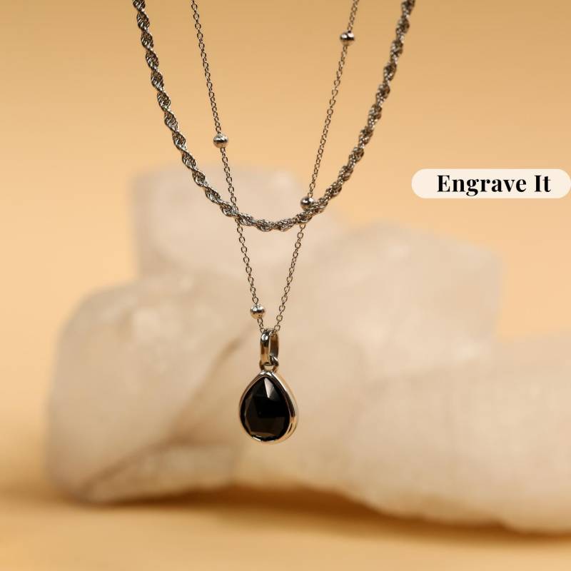 Schwarzer Obsidian Silberkette - Gravierter Wasserdichter Schutzanhänger, Anlauffrei von Amicajewels