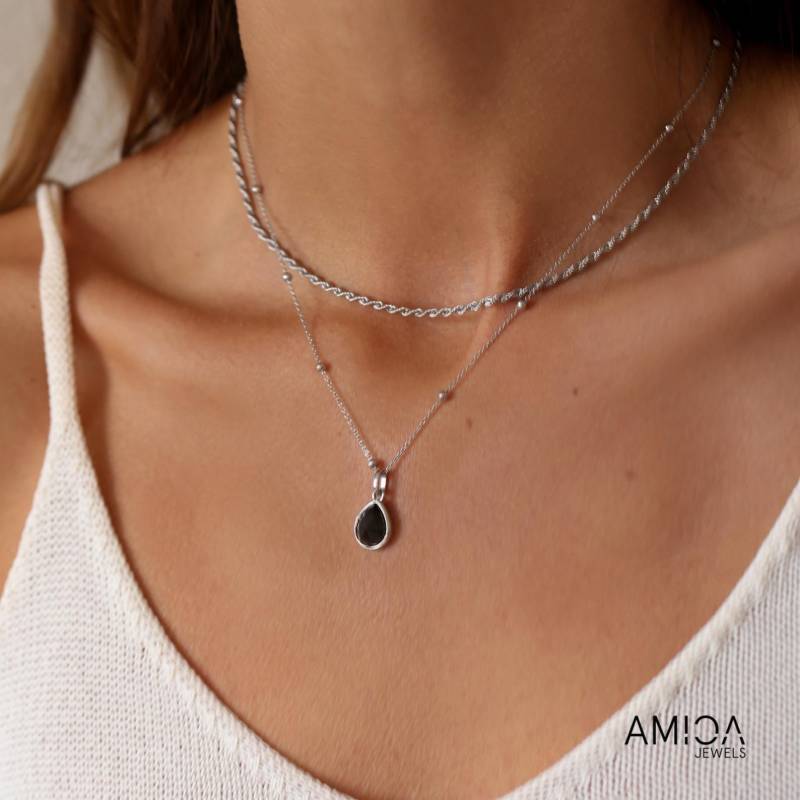 Silber Layered Halsketten-Set Mit Schwarzem Onyx-Anhänger Personalisierte Wasserdichte, Nicht Trübe Halskette von Amicajewels