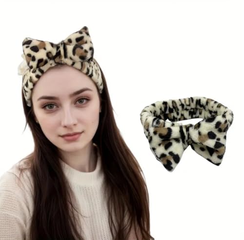 1 x modisches Leopardenmuster Schleife Haarband für Damen, weiches elastisches Polyester-Stirnband, rutschfestes Strickgewebe, Haarschmuck für Gesichtswaschung und Hautpflege, geeignet für normale von Amie Louise Beauty Supplies