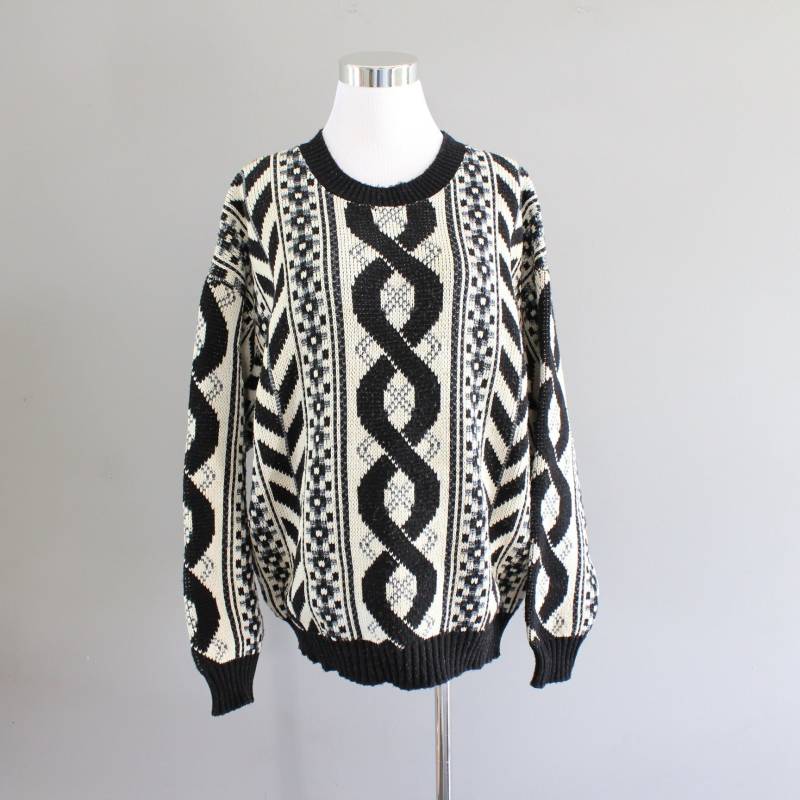 Vintage 80Er Jahre Strukturstrick Pullover Schwarz-Weißer Pullover, Gr. L von Amilialia