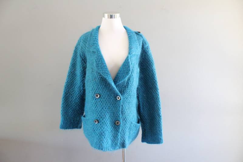 Vintage Handgefertigter Blauer Mohair Strick Blazer - 80Er Jahre Slouchy Cardigan Size L von Amilialia