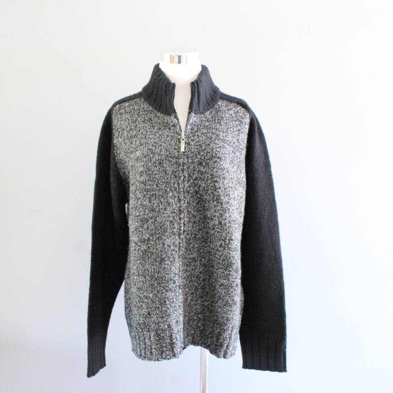 Vintage Reine Wolle Strickjacke Graue & Schwarze Zip-Up-Jacke von Amilialia