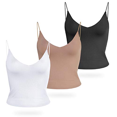 Amilia Damen Basic Solid Tiefer V-Ausschnitt Cami Spaghetti Doppellagige Crop Tank Oberteile Tops Casual Shirts - - X-Groß von Amiliashp