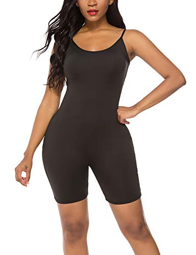 Amiliashp Damen Spaghettiträger Tank Top Kurz Jumpsuit Strampler Bodysuit Einteiler Catsuit - Schwarz - XX-Large von Amiliashp