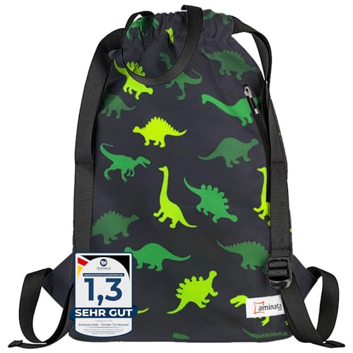 Aminata kids Kinder XXL Turnbeutel Jungen Dinosaurier-Motiv | Dino-Motiv Sportbeutel Kindergarten & Schule | wasserabweisend reflektierend von Aminata kids