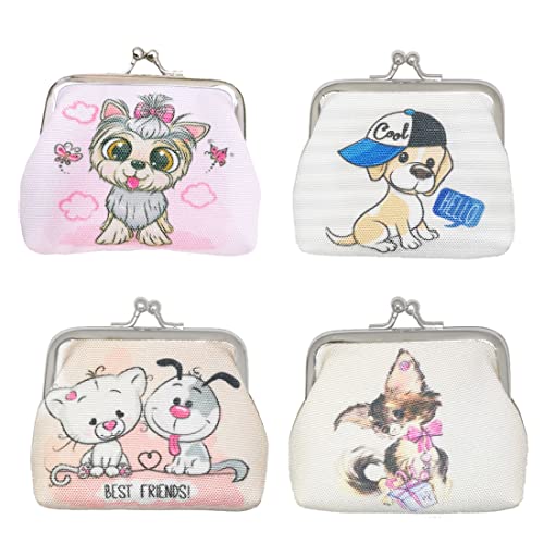 Amindz 4 Stücke Mini Geldbörse Damen, Netter Münzbeutel für Mädchen, GeldböRse Aus Leinen Bedruckte Kleine GeldböRse Cute Animal Coin Purse with kiss Lock Closure for Children's Birthday Gifts von Amindz