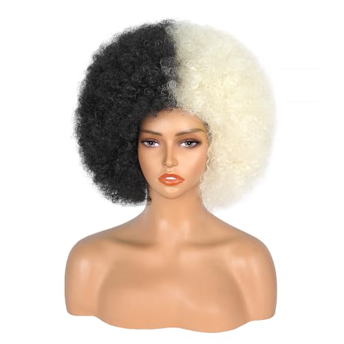 Afro-Perücke für Damen, 70er Jahre, Afro-Perücke, kurz, gelockt, Afro-Perücke, klebefreie Kunstperücke mit Pony, Afro-Perücke, flauschig, elastisch, für Halloween-Kostüme von Aminow