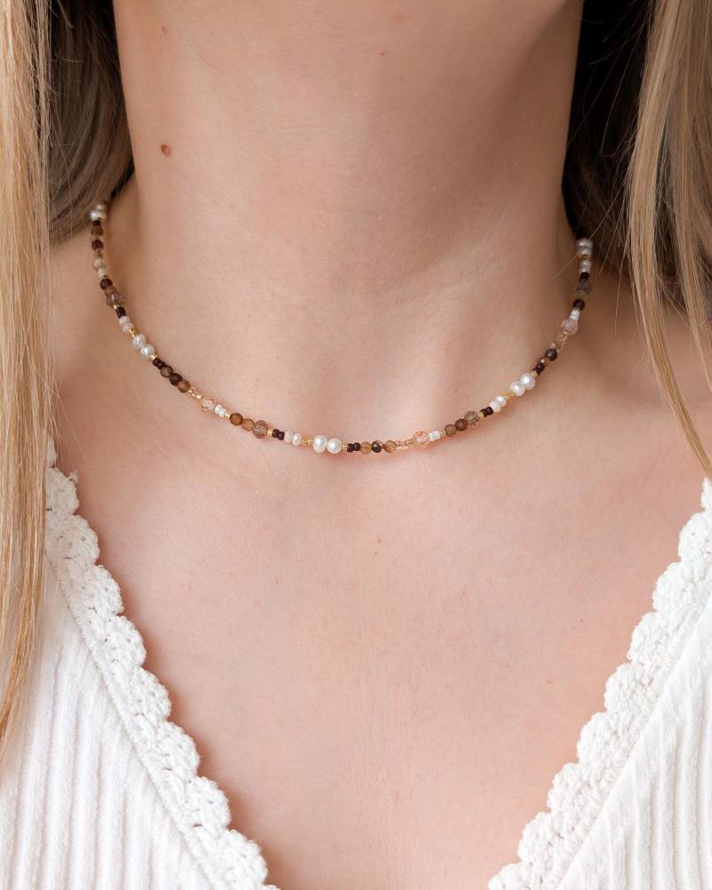 Kaffee Achat, Süßwasserperlen, Zirkonia Kette, Feine Edelstein Perlenkette, Herbstfarben Braun, Edelstahl Vergoldet, Handgemachtes Geschenk von AmisaSchmuck