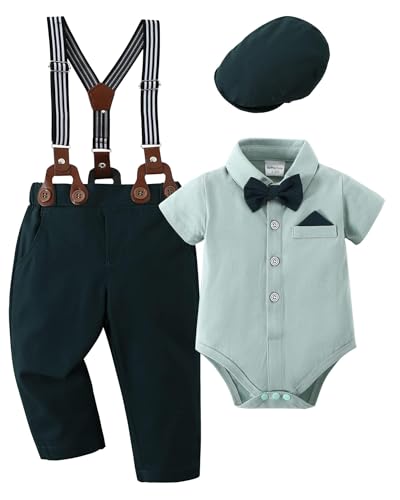 Amisssz Baby Jungen Gentleman Anzug, 4tlg Kinder Hochzeit Festlich Taufe Strampler mit Bowtie Hemden + Hosenträger Overalls A-Grün 3-6 Monate von Amissz