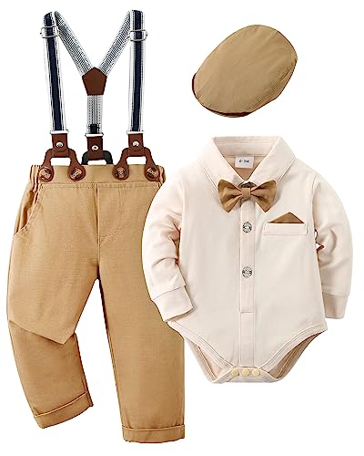 Amisssz Baby Jungen Gentleman Anzug, 4tlg Kinder Hochzeit Festlich Taufe Strampler mit Bowtie Hemden + Hosenträger Overalls Beige 0-3 Monate von Amissz