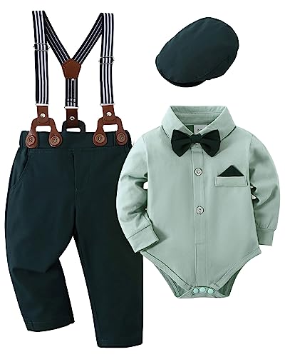 Amisssz Baby Jungen Gentleman Anzug, 4tlg Kinder Hochzeit Festlich Taufe Strampler mit Bowtie Hemden + Hosenträger Overalls Grün 12-18 Monate von Amissz