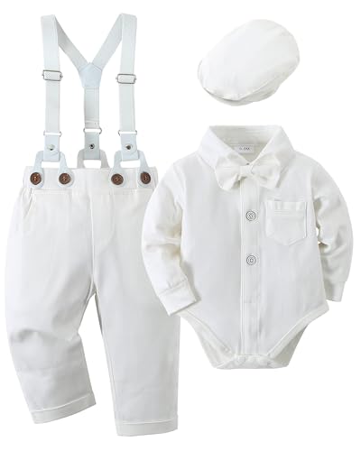 Amisssz Baby Jungen Gentleman Taufe Anzug, 4tlg Kinder Hochzeit Festlich Taufe Strampler mit Bowtie Hemden + Hosenträger Overalls Weiß, 3-6 Monate von Amissz