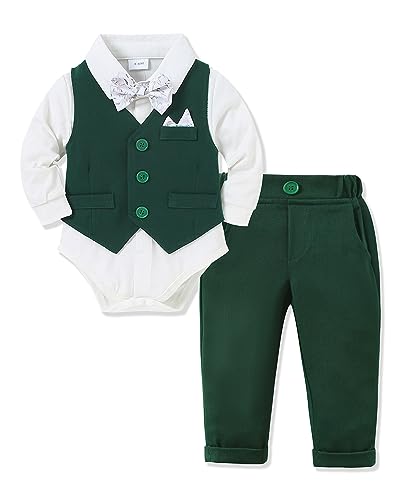 Amissz Baby Junge Anzug Taufe, Neugeborenen Taufanzug Hochzeitsoutfit Partei Babykleidung Strampler + Bowtie + Vest + Pants Set Grün 0-3 Monate von Amissz