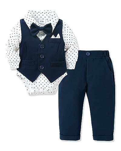 Baby Junge Anzug Taufe, Neugeborenen Taufanzug Hochzeitsoutfit Partei Babykleidung Strampler + Bowtie + Vest + Pants Set Marineblau 12-18 Monate von Amissz