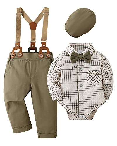 Amissz Baby Jungen Anzug Bekleidungssets, 4tlg Hochzeit Festliche Taufanzug Strampler mit Fliege+ Langarm Hemd + Hosenträger Hosen Grün, 6-12 Monate von Amissz