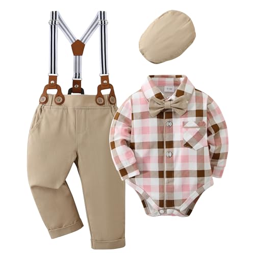 Amissz Baby Jungen Anzug Bekleidungssets, 4tlg Hochzeit Festliche Taufanzug Strampler mit Fliege+ Langarm Hemd + Hosenträger Hosen Khaki, 6-12 Monate von Amissz