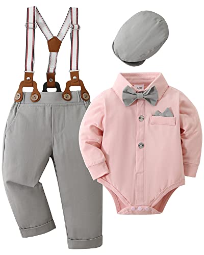 Amissz Baby Jungen Anzug Bekleidungssets, 4tlg Hochzeit Festliche Taufanzug Strampler mit Fliege+ Langarm Hemd + Hosenträger Hosen Rosa, 0-3 Monate von Amissz