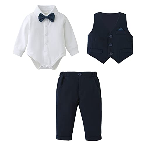 Baby Jungen Bekleidungsset Anzug, Kleinkind Gentleman Langarm Strampler Hemd + Hose + Weste + Fliege Festliche Taufe Hochzeit (Blau, 12-18 Monate) von Amissz