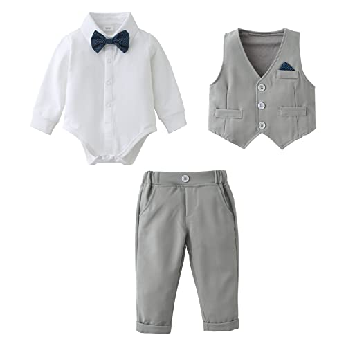 Baby Jungen Bekleidungsset Anzug, Kleinkind Gentleman Langarm Strampler Hemd + Hose + Weste + Fliege Festliche Taufe Hochzeit (Grau, 18-24 Monate) von Amissz