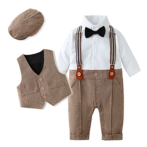 Amissz Baby Jungen Bekleidungssets 3tlg Strampler + Weste + Hut Fliege Krawatte Gentleman Set Baby Taufe Anzug(Braun, 12-18 Monate) von Amissz