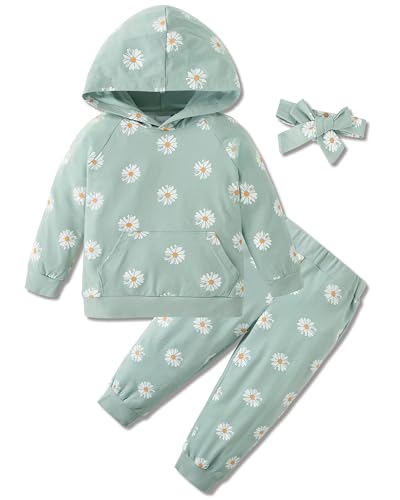 Amissz Baby Mädchen Kleidung 3tlg Babykleidung Set Baby Mädchen Outfit Kleidung Outfits Set Baby-Girl Clothes Gänseblümchen Print Langarm Hoodie + Hose + Haarband Grün 1 2 3 4 5 6 Jahre von Amissz