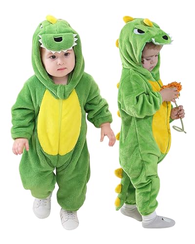 Amissz Baby Strampler mit Kapuze Unisex Baby Onesie Cartoon Tier Schlafanzüge Overall Dino Kostüm Halloweenkostüm Fasching Jumpsuit für Kinder von Amissz
