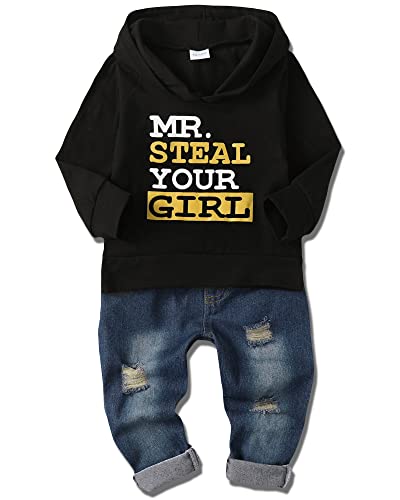 Amissz Babykleidung Set für Baby Jungen Kleidung Outfit, Kinder Jungen Lange Ärmel Brief Print Kapuzenpullover Top + Jeans Hose Bekleidung Schwarz 12-18 Monate von Amissz