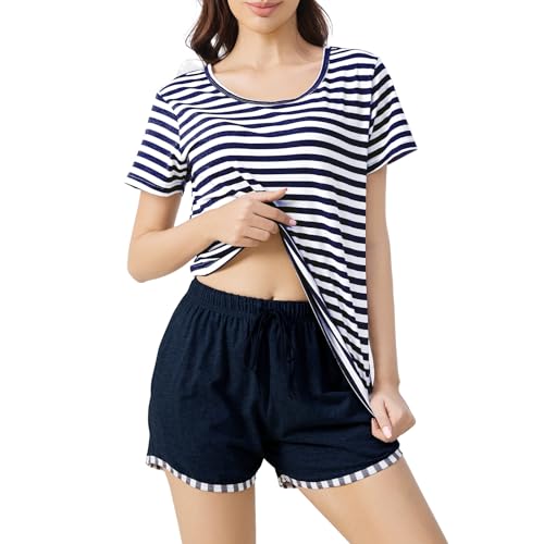 Amissz Baumwoll Pyjama Damen Shorty Damen NachtwäSche SchlafanzüGe für Sommer Wimperndruck Damenschlafanzug Zweiteiliger Pyjama Set Sleepwear Hausanzug Loungewear von Amissz