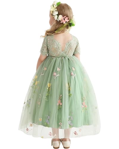 Amissz BlumenmäDchenkleider Spitze Hinten Kleid Und Blumenstickerei Geburtstag Tutu-TüLl-Kleider Festliches Kleid MäDchen Abendkleid Cocktailkleid Festzug Ballkleid 2-8 Jahr von Amissz