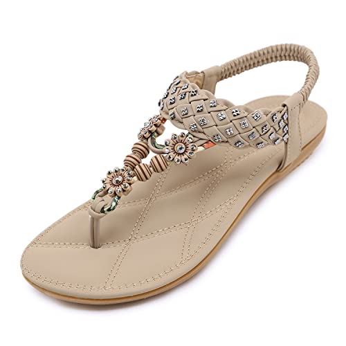 Amissz Damen Sandalen Frauen Bohemian Strass Sandals PU Leder Elastischen Strand Schuhe Zehentrenner Stil 3 Aprikose 40 EU von Amissz