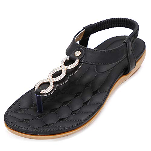 Amissz Damen Sandalen Frauen Bohemian Strass Sandals PU Leder Elastischen Strand Schuhe Zehentrenner Schwarz D 41 EU von Amissz