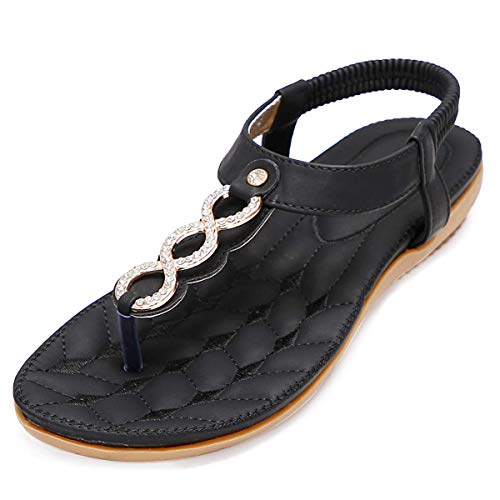 Amissz Damen Sandalen Frauen Bohemian Strass Sandals PU Leder Elastischen Strand Schuhe Zehentrenner Schwarz D 42 EU von Amissz