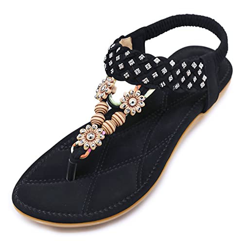 Amissz Damen Sandalen Frauen Bohemian Strass Sandals PU Leder Elastischen Strand Schuhe Zehentrenner Stil 3 Schwarz 40 EU von Amissz