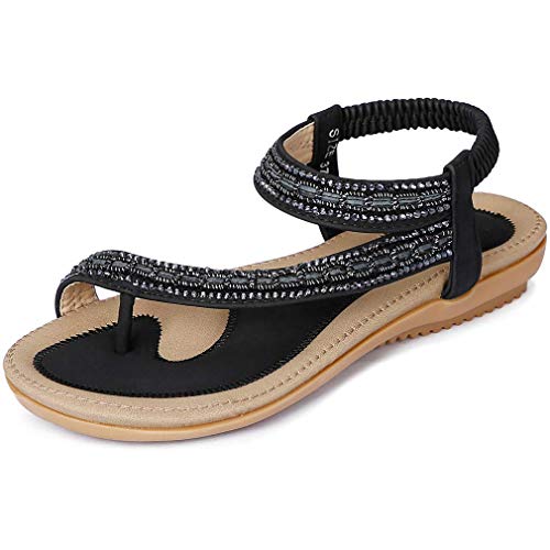 Amissz Damen Sommer Sandalen Bohemian Strass Flach Sandaletten Sommer Strand Schuhe Damen Zehentrenner Stil 1 Schwarz 36 EU von Amissz