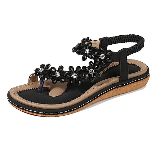 Amissz Damen Sommer Sandalen Bohemian Strass Flach Sandaletten Sommer Strand Schuhe Damen Zehentrenner Stil 2 Schwarz 37 EU von Amissz