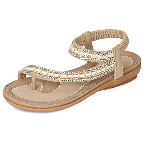 Amissz Damen Sommer Sandalen Bohemian Strass Flach Sandaletten Sommer Strand Schuhe Damen Zehentrenner Stil 1 Aprikose 37 EU von Amissz