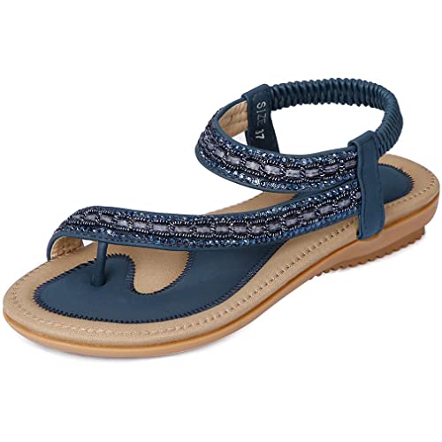 Amissz Damen Sommer Sandalen Bohemian Strass Flach Sandaletten Sommer Strand Schuhe Damen Zehentrenner Stil 1 Marineblau 40 EU von Amissz