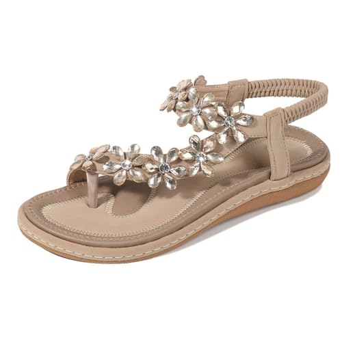 Amissz Damen Sommer Sandalen Bohemian Strass Flach Sandaletten Sommer Strand Schuhe Damen Zehentrenner Stil 2 Aprikose 36 EU von Amissz