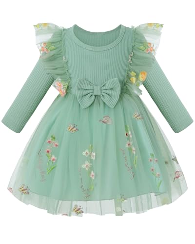 Amissz Dress Girls Long Sleeve Tulle Dress BlumenmäDchenkleider Prinzessin Kleid Mädchen Festzug Langarm Kleider Hochzeit Partykleid Brautjungfern Kleidung Spitze Tüllkleid Geburtstag 2-8 Jahre von Amissz