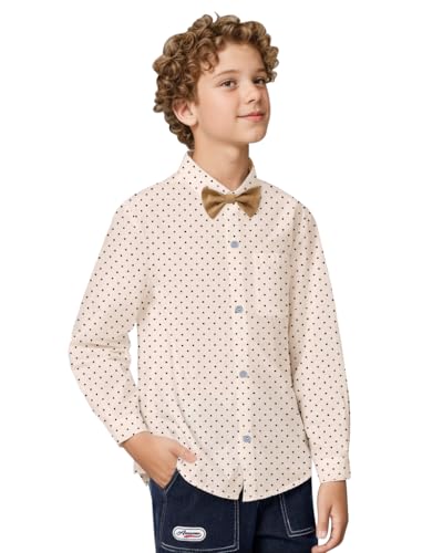 Amissz Junge Langarm Hemden Kinder Einfarbige Polka Dot Formale Button Down Hemd + abnehmbare Fliege Freizeit Shirt für Kinder (Aprikose, 5-6 Jahre) von Amissz