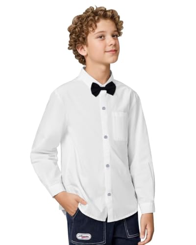 Amissz Junge Langarm Hemden Kinder Einfarbige Polka Dot Formale Button Down Hemd + abnehmbare Fliege Freizeit Shirt für Kinder (Weiß, 6-7 Jahre) von Amissz