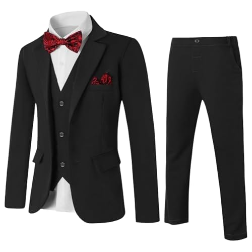 Amissz Jungen Anzug 5 Teilig Klassisch Slim Fit Hochzeitsanzug Set Gentleman Smoking Jacke Mantel + Weste + Blusen + Fliege + Hose Outfit Kinder Geburtstagsparty Taufkleidung 6-7 Jahre, Schwarz von Amissz